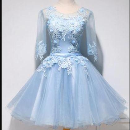 Sexy A Line Blue Tulle Lace Short Prom Party Dress..