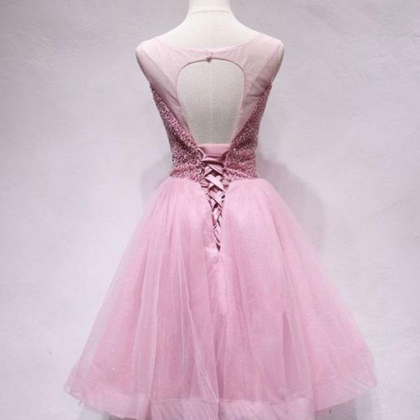 Pink Tulle Sheer Neck Short Homecoming Dress, A..