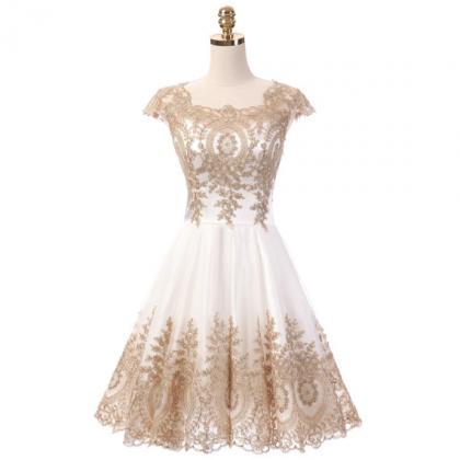 Chic Short White Tulle Homecoming Dress With Gold..