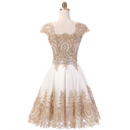 Chic Short White Tulle Homecoming Dress With Gold..