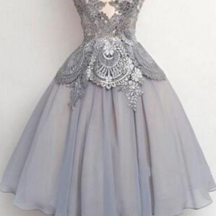 Gray Homecoming Dresses, Lace Applique Sheer Neck..