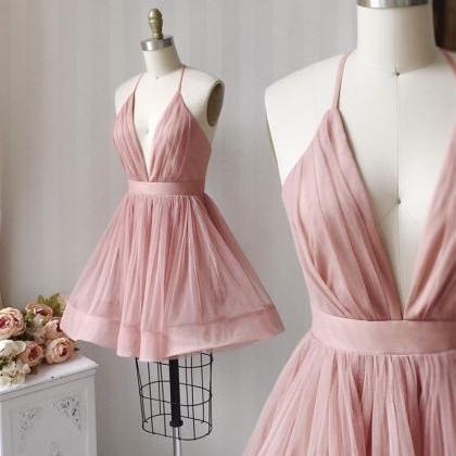 Pink V Neck Tulle Short Prom Dress, Party Dress