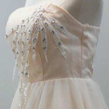 Strapless Champagne Tulle Knee Length Prom..