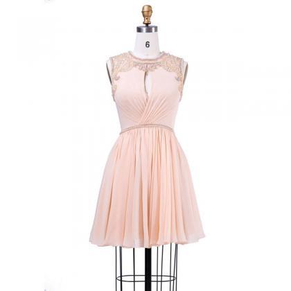Appealing Pearl Jewel Neck Short Pink Prom Dress,..
