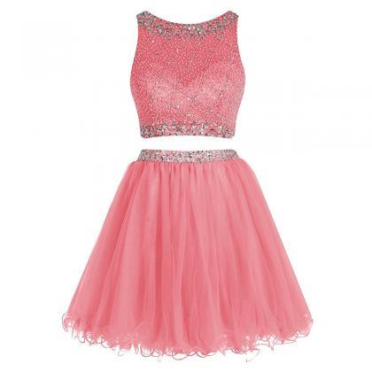 Pink Short Prom Dress, Crystal Beaded Two Piece..