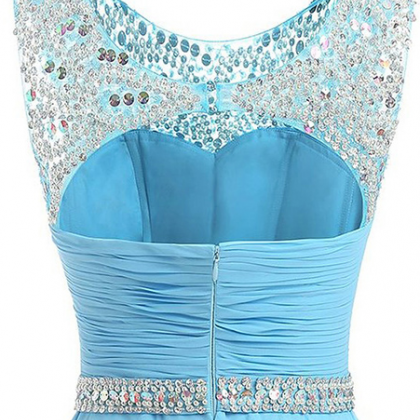 Beaded Tulle Prom Dress, Sequined Belt Ivory Blue..