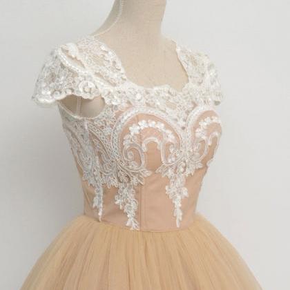 Champagne Tulle Prom Dresses, White Lace Prom..