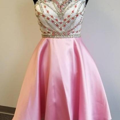 Beaded Short Pink Homecoming Dress, Short Prom..