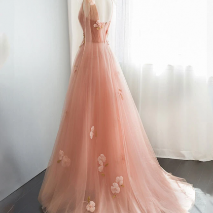 A-line Tulle Long Prom Dress, Simple V Neck Tulle..