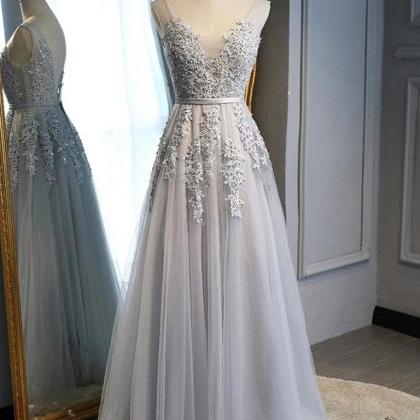 Elegant V Neck Backless Lace Formal Prom Dress,..