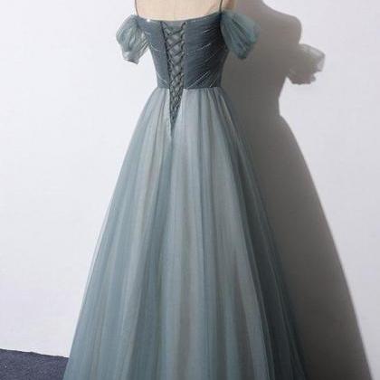 Grey Tulle Long Banquet Party Dress Sweetheart A Line Custom Size Prom Dress KS6525