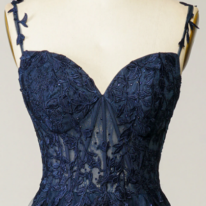 Blue Tulle Appliques Long Prom Dress A-Line Strapless Evening Dress Y6565