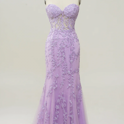 Elegant Strapless A-Line Tulle Appliques Formal Prom Dress,DP1091