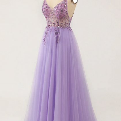 Elegant Straps Beaded Tulle Formal Prom Dress,..