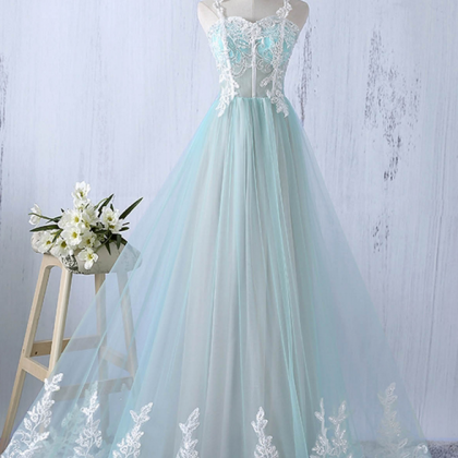Elegant A Line Spaghetti Straps Tulle Lace Long Prom Dress, Evening Dress main image 1