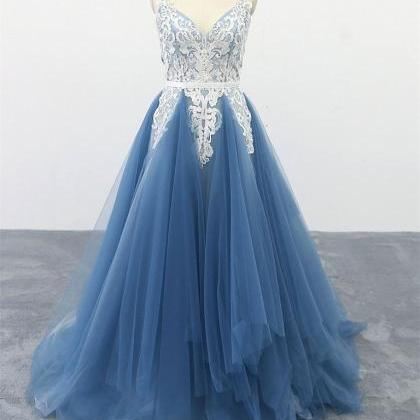Elegant Spaghetti Straps Off the Shoulder A-line Tulle Long Prom Dress Online, OL211