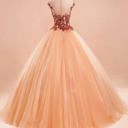Elegant Plunging Neck Applique Detail Lace-Up Back Tulle Formal Prom Dress Evening Dress