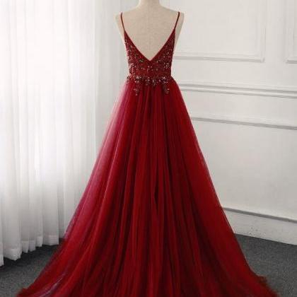 Elegant Tulle V-neckline Beaded Formal Prom Dress,..