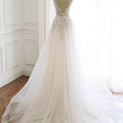 Elegant Lace V-neckline Tulle Formal Prom Dress,..