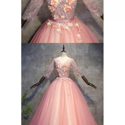 Prom Dresses,lace, Pink, V-neck Wedding Dresses..