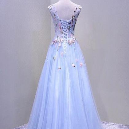 Prom Dresses,light Blue Beaded Round Neckline..