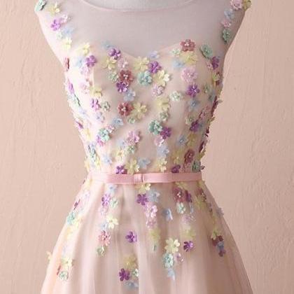Prom Dresses,cute Round Neck Floral Long Prom..