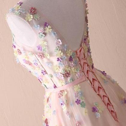 Prom Dresses,cute Round Neck Floral Long Prom..