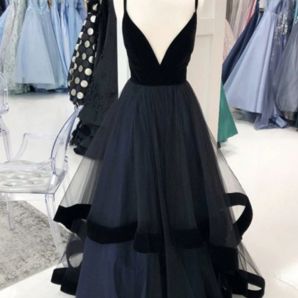 Prom Dresses,a-line V-neck Black Velvet Tulle Prom..