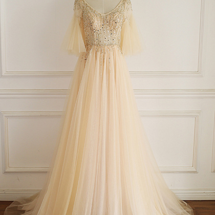 Prom Dresses,a-line Type V-neck Dress, Champagne..