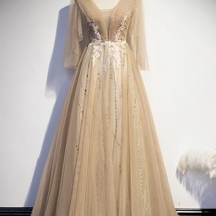 Prom Dresses,champagne V Neck Lace Long Prom Dress..