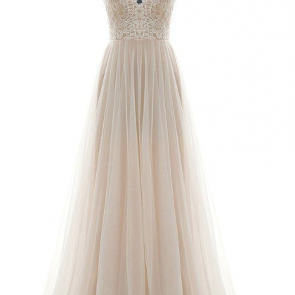 Prom Dresses,light Champagne Tulle Long Lace Round..