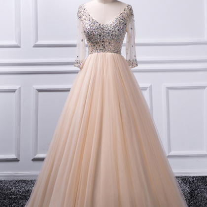 Prom Dresses,long V-neck Tulle Prom Dress, A-line..