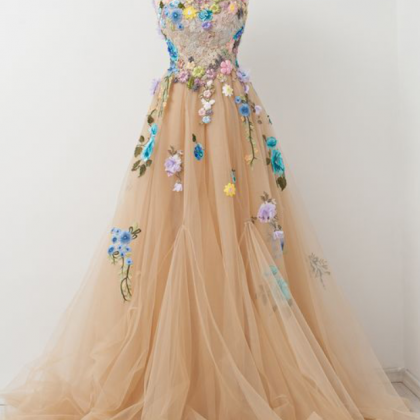 Prom Dresses,champagne A-line Sleeveless Tulle..