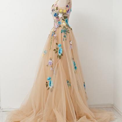 Prom Dresses,champagne A-line Sleeveless Tulle..