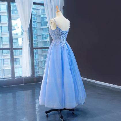 Prom Dresses,blue Tulle Beaded Long V-neckline..