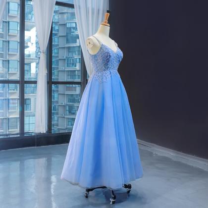 Prom Dresses,blue Tulle Beaded Long V-neckline..