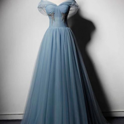 Prom Dresses,blue Tulle Strapless Long Prom Dress,..