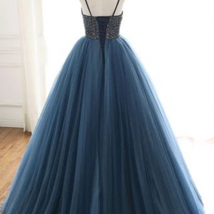 Prom Dresses,blue Spaghetti Strap Tulle Dresses,..