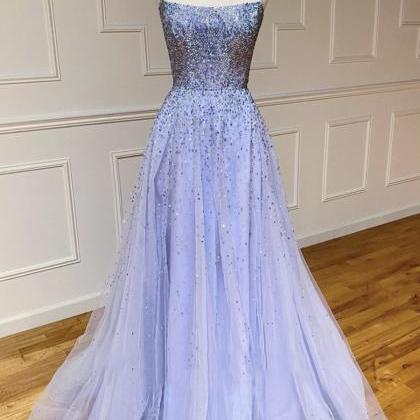 Prom Dresses,blue Tulle Beaded Long Prom Dresses..