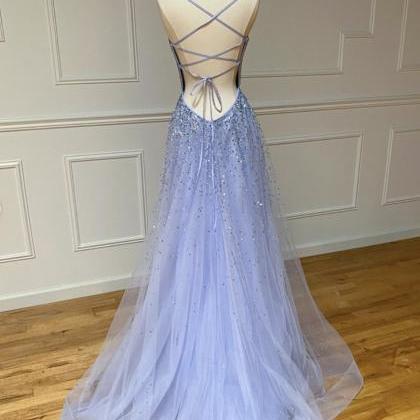 Prom Dresses,blue Tulle Beaded Long Prom Dresses..