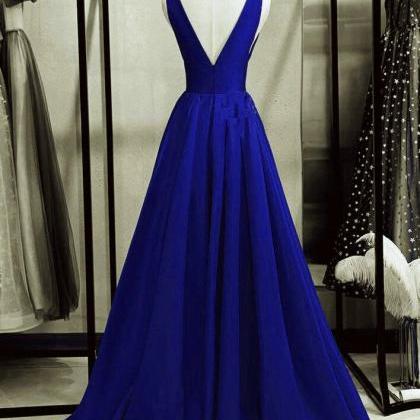 Prom Dresses,royal Blue Satin Deepv-neckline Long..