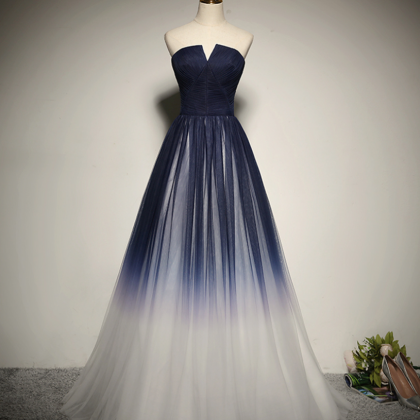 Prom Dresses,unique Blue Blend Tulle Long Dress..