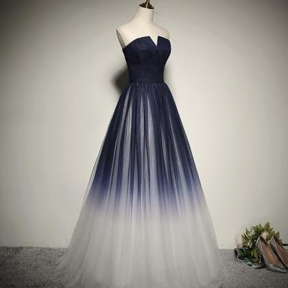 Prom Dresses,unique Blue Blend Tulle Long Dress..