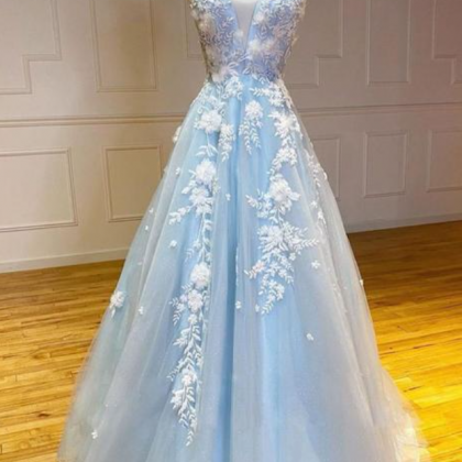 Prom Dresses,lace Applique Blue Sarong, Sleeveless..