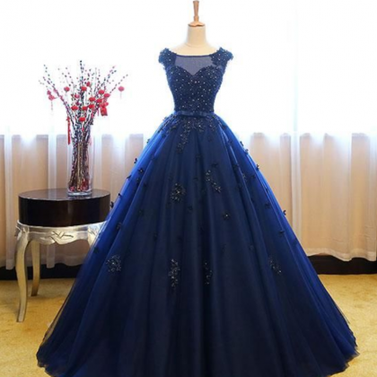 Prom Dresses,dark Blue Tulle Lace Long Prom Dress,..