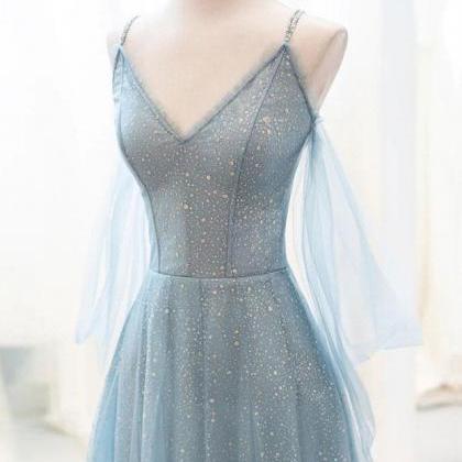 Prom Dresses,grey Blue V-neck Tulle Sequin Long..