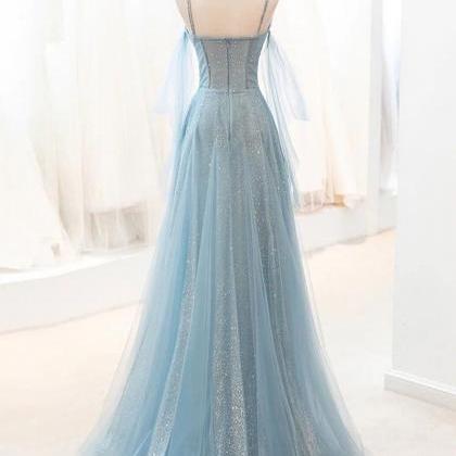 Prom Dresses,grey Blue V-neck Tulle Sequin Long..