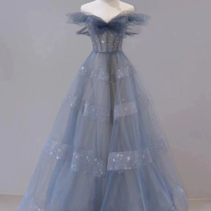 Prom Dresses,sweet And Lovely Blue Tulle Maxi..