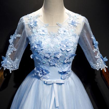 Prom Dresses,round Neck Blue Tulle Applique..