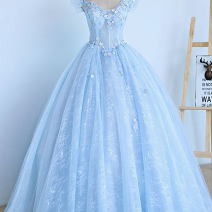 Prom Dresses,light Blue Lace Cap Sleeve Long Sweet..